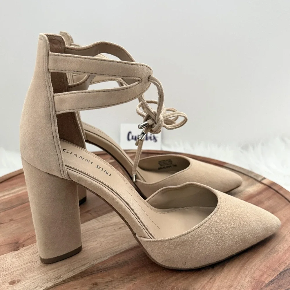 Gianni Bini Bealiina Pumps Womens 7M Tan Excellent Suede Lace Up Block Heel